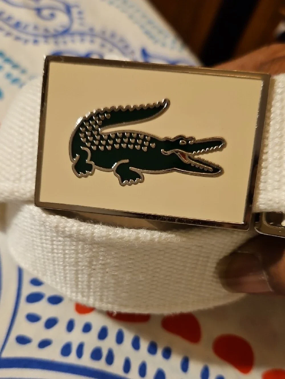 Lacoste White Textile Belt with Silver Croc Buckle